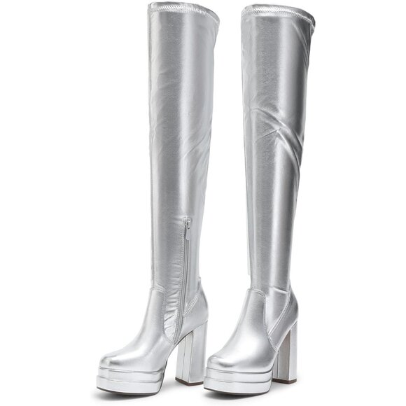 Women's Silver Polyurethane (PU) Square Toe Over The Knee Thigh High Boots - Picture 4 of 7
